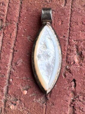 Sterling Silver Mother of Pearl Teardrop Pendant Vintage 2”